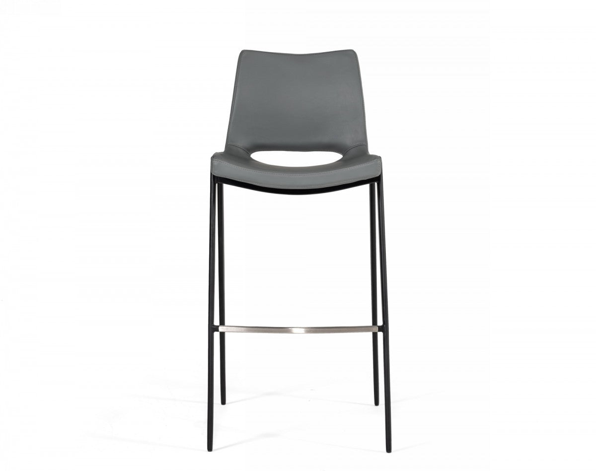 Set Of Two 42" Grey Faux Leather And Stainless Steel Bar Height Chairs With Footrest