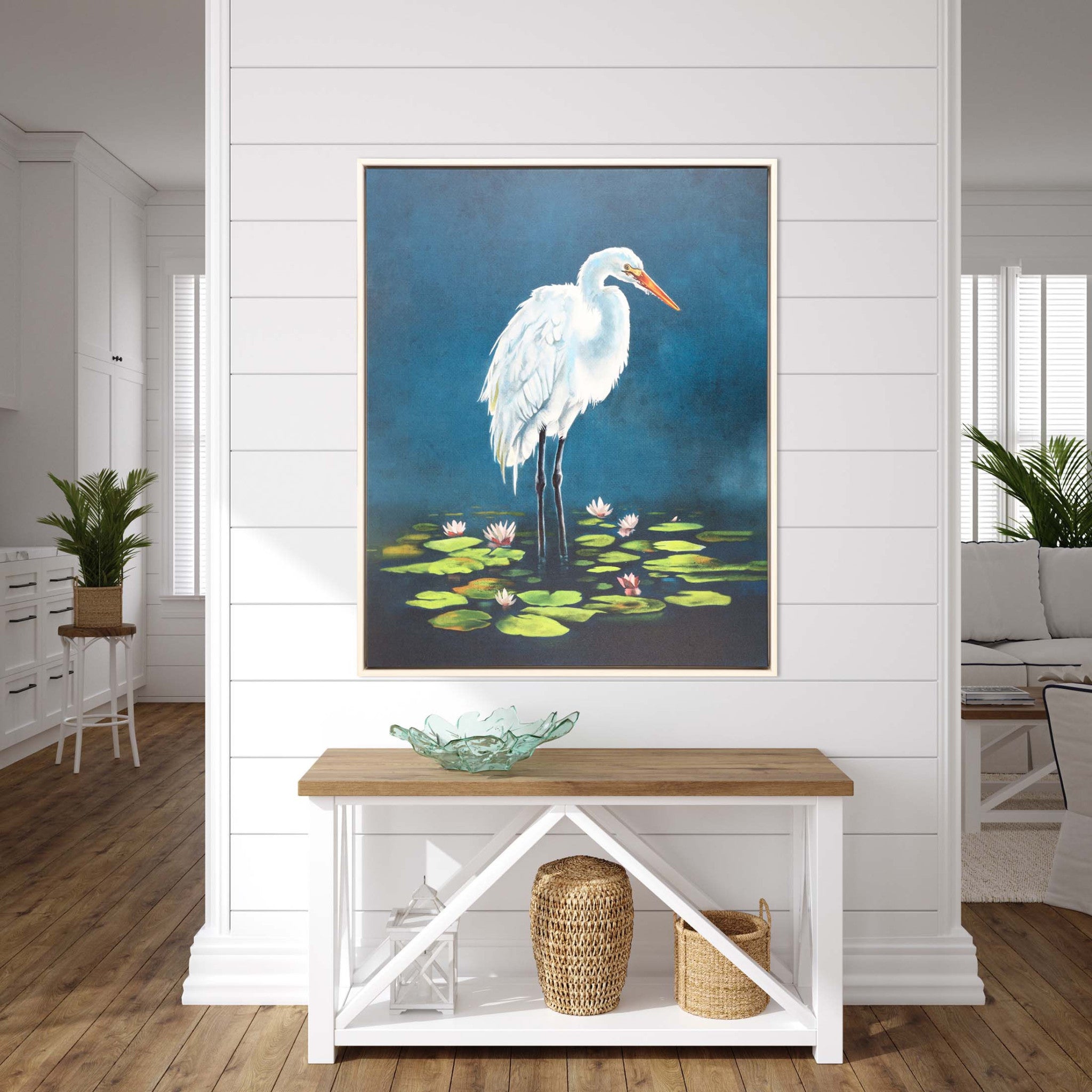Egret In Lily Pads Canvas Silver Floater Frame Print Wall Art