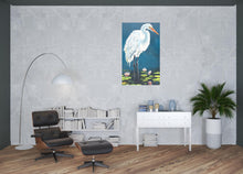 Egret In Lily Pads Canvas Silver Floater Frame Print Wall Art
