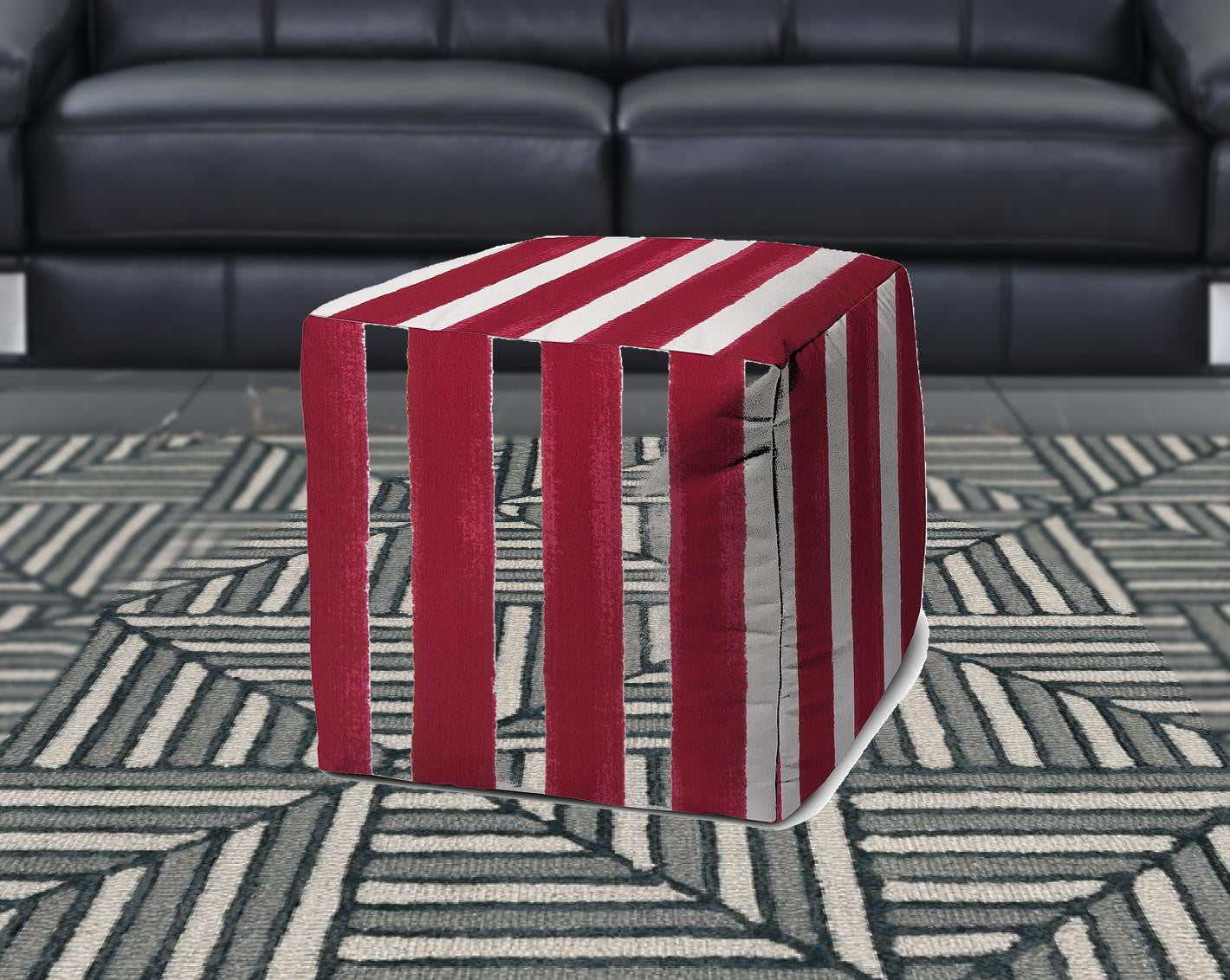 Pink And White Cube Striped Indoor Outdoor Pouf Cover 17"