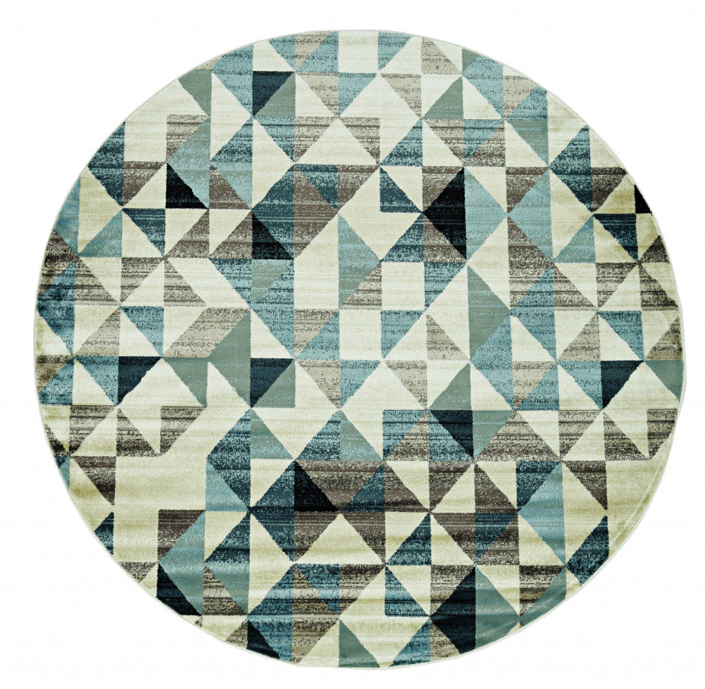 8’ Round Blue Beige Nested Diamonds Modern Area Rug