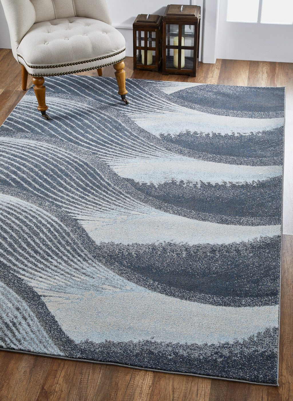 7’ x 10’ Gray Blue Abstract Waves Modern Area Rug