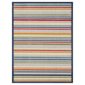 3' X 5' Ivory And Blue Striped Stain Resistant Indoor Outdoor Area Rug