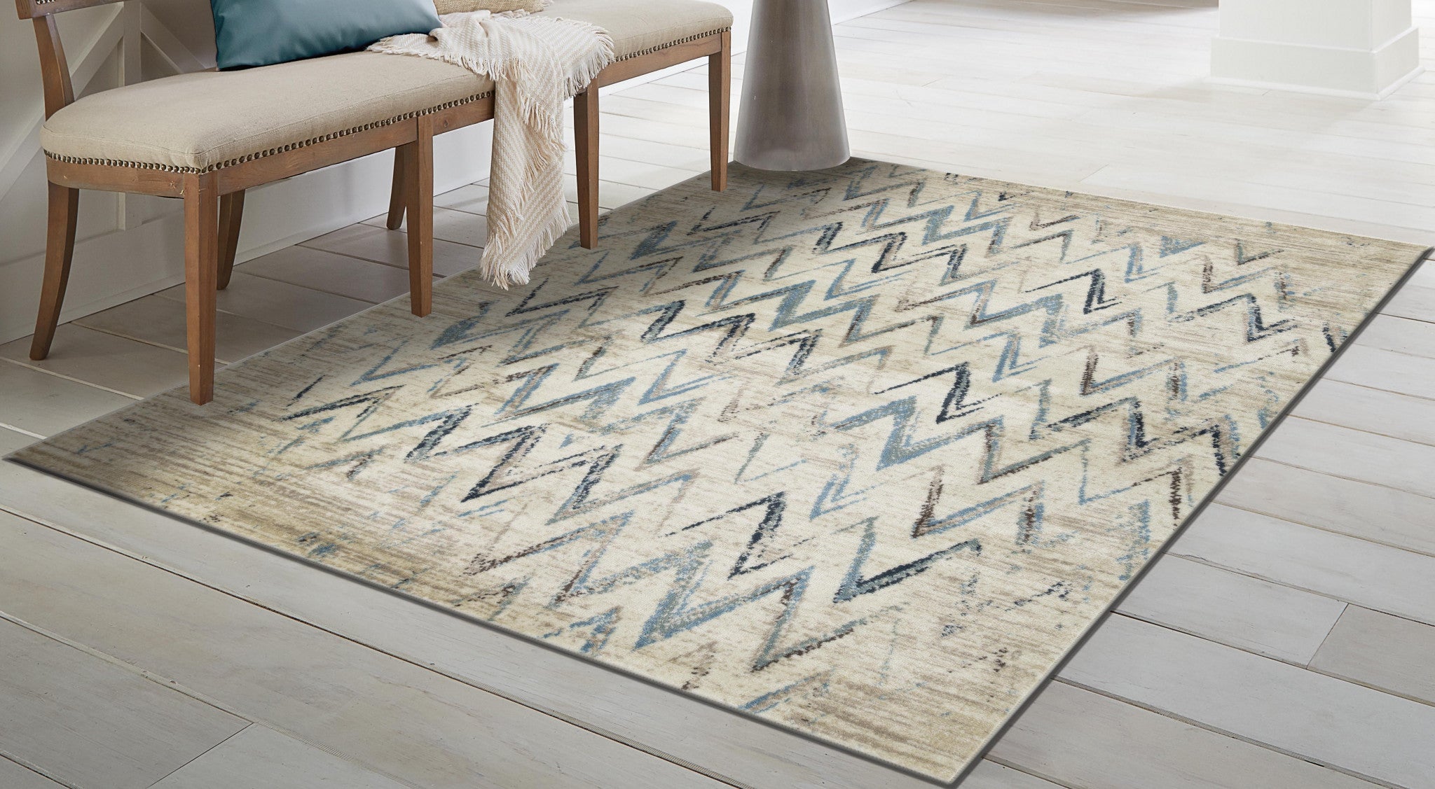 8’ x 11’ Beige Blue Distressed Chevron Area Rug