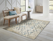 8’ x 11’ Beige Blue Distressed Chevron Area Rug