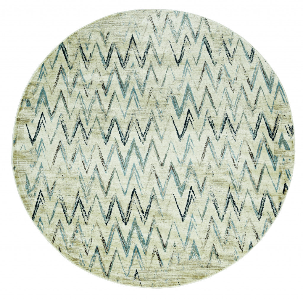 8’ Round Beige Blue Distressed Chevron Area Rug
