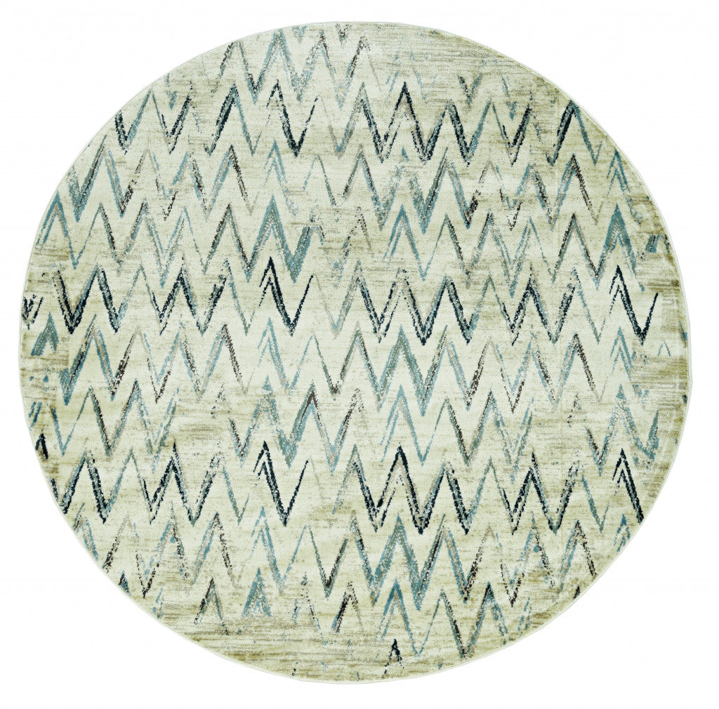 8’ Round Beige Blue Distressed Chevron Area Rug