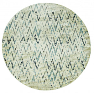 8’ Round Beige Blue Distressed Chevron Area Rug