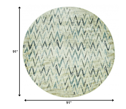8’ Round Beige Blue Distressed Chevron Area Rug