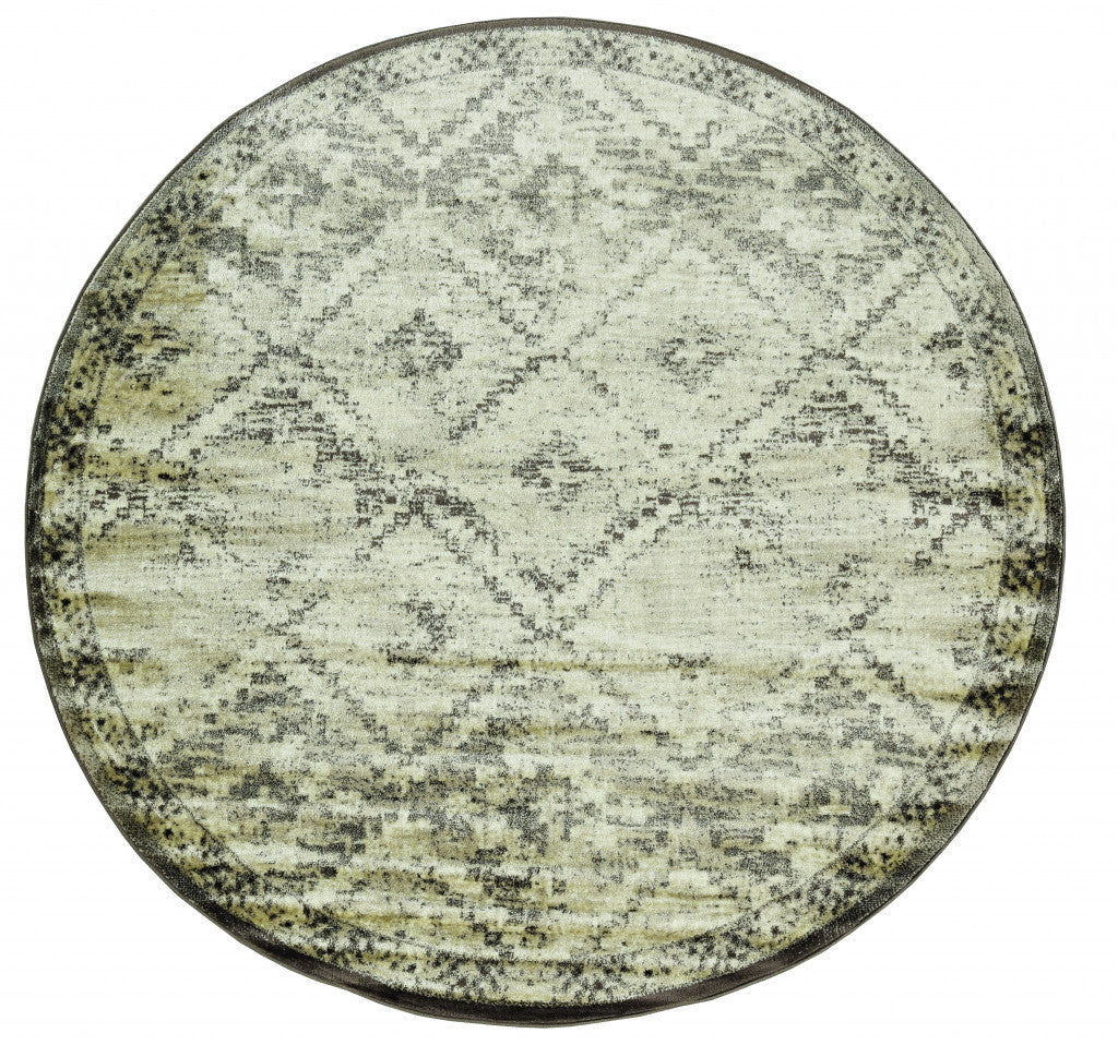 8’ Round Gray Beige Distressed Diamond Area Rug
