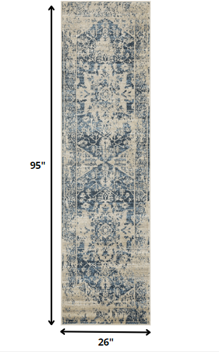 2’ x 8’ Beige Blue Distressed Medallion Runner Rug