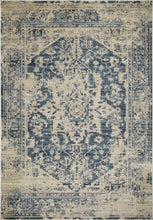 8’ Round Beige Blue Distressed Medallion Area Rug