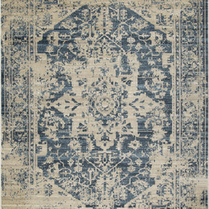 8’ Round Beige Blue Distressed Medallion Area Rug