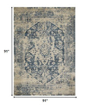 8’ Round Beige Blue Distressed Medallion Area Rug