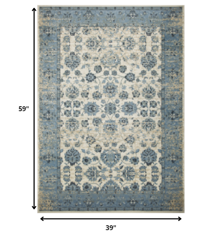 3’ x 5’ Blue Ivory Distressed Oriental Area Rug