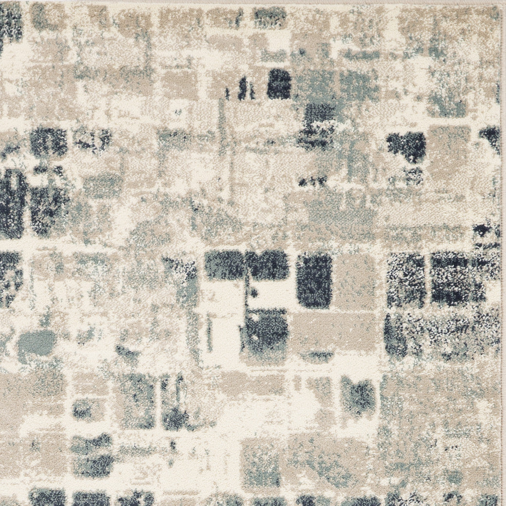 5’ x 8’ Beige Blue Abstract Tiles Distressed Area Rug