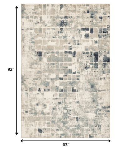 5’ x 8’ Beige Blue Abstract Tiles Distressed Area Rug
