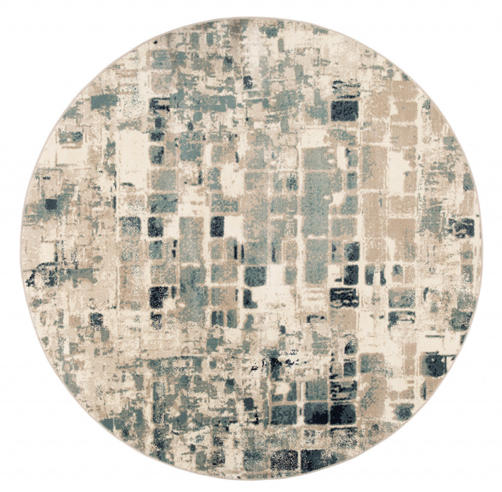 8’ Round Beige Blue Abstract Tiles Distressed Area Rug