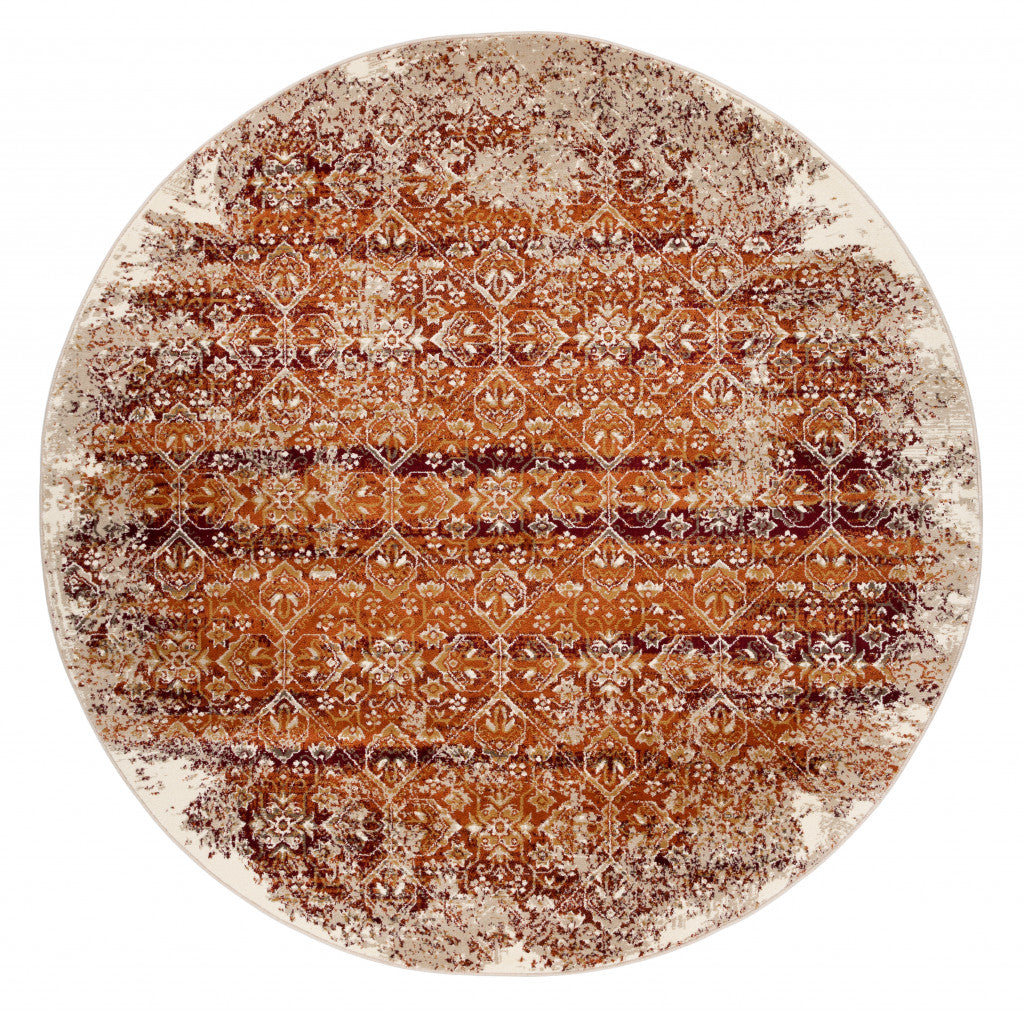 8’ Round Rust Ivory Distressed Diamonds Area Rug