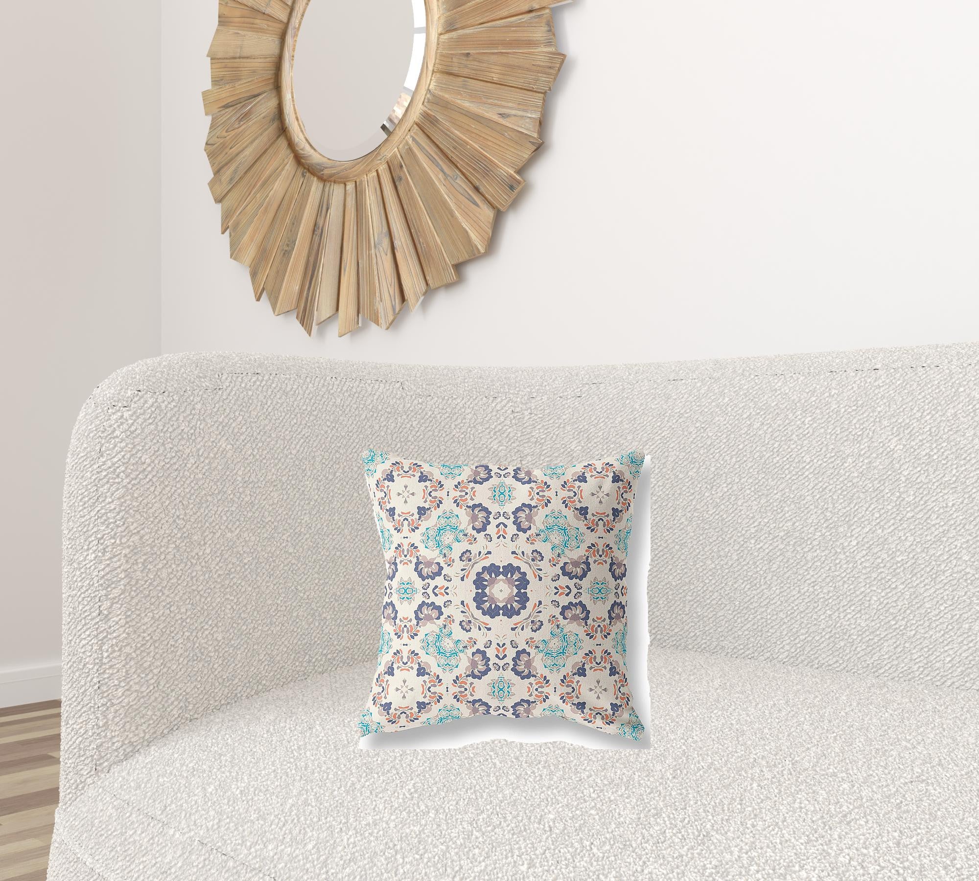 16" X 16" Off White And Blue Zippered Suede Geometric Throw Pillow