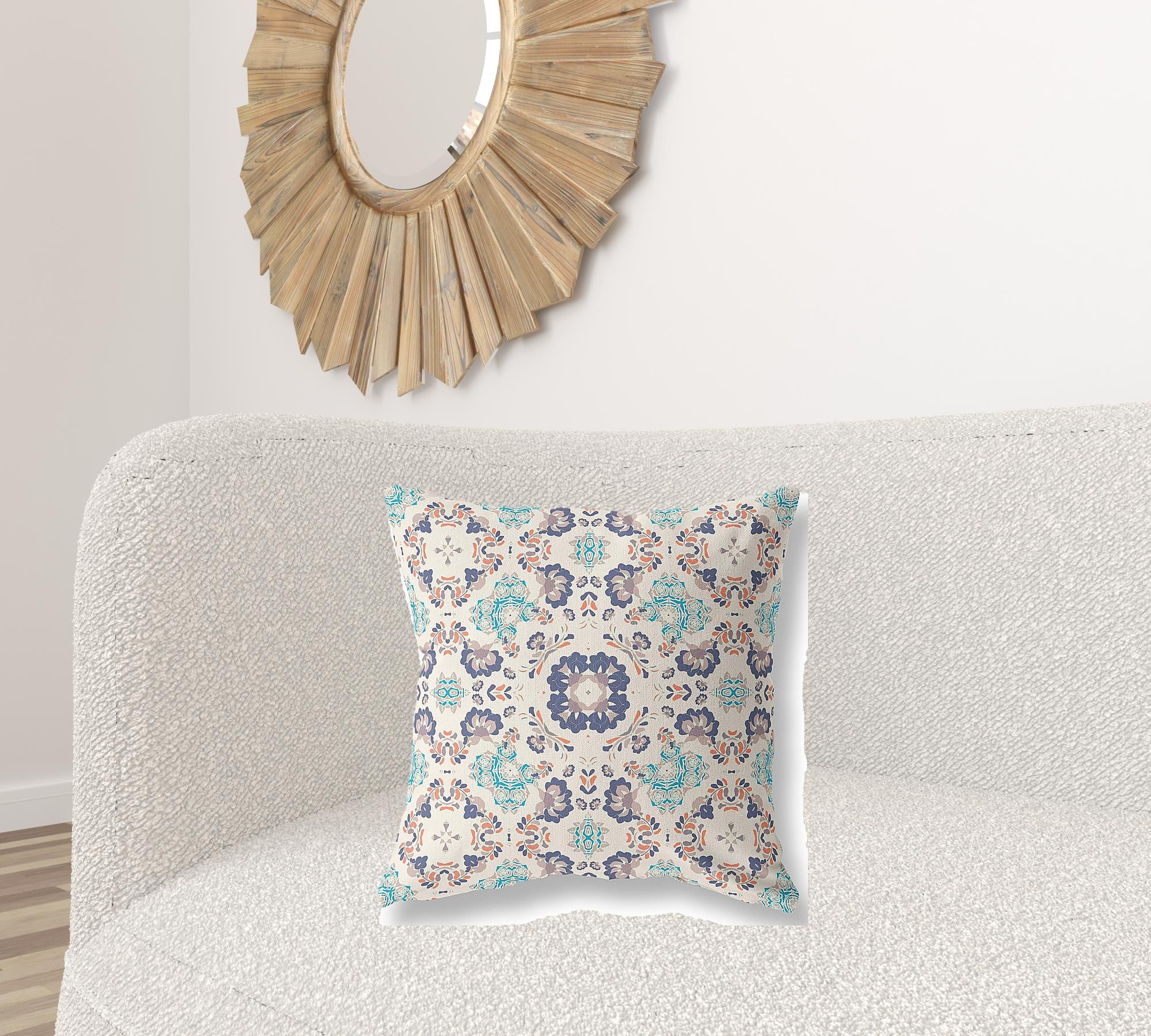 18" X 18" Off White And Blue Zippered Suede Geometric Throw Pillow