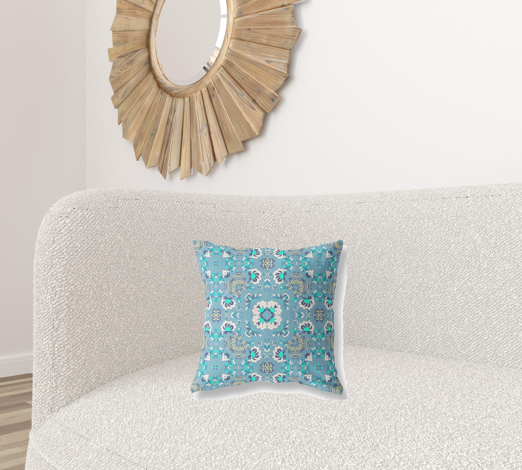16" X 16" Light Blue Floral Blown Seam Suede Throw Pillow