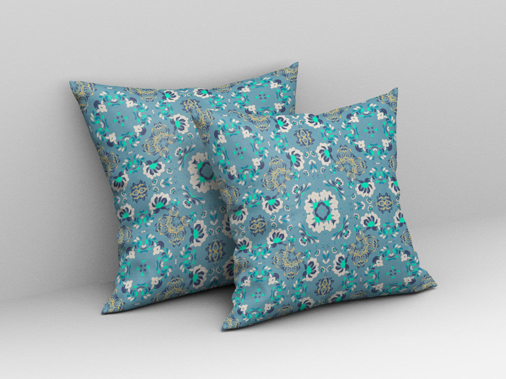 18" X 18" Light Blue Floral Blown Seam Suede Throw Pillow