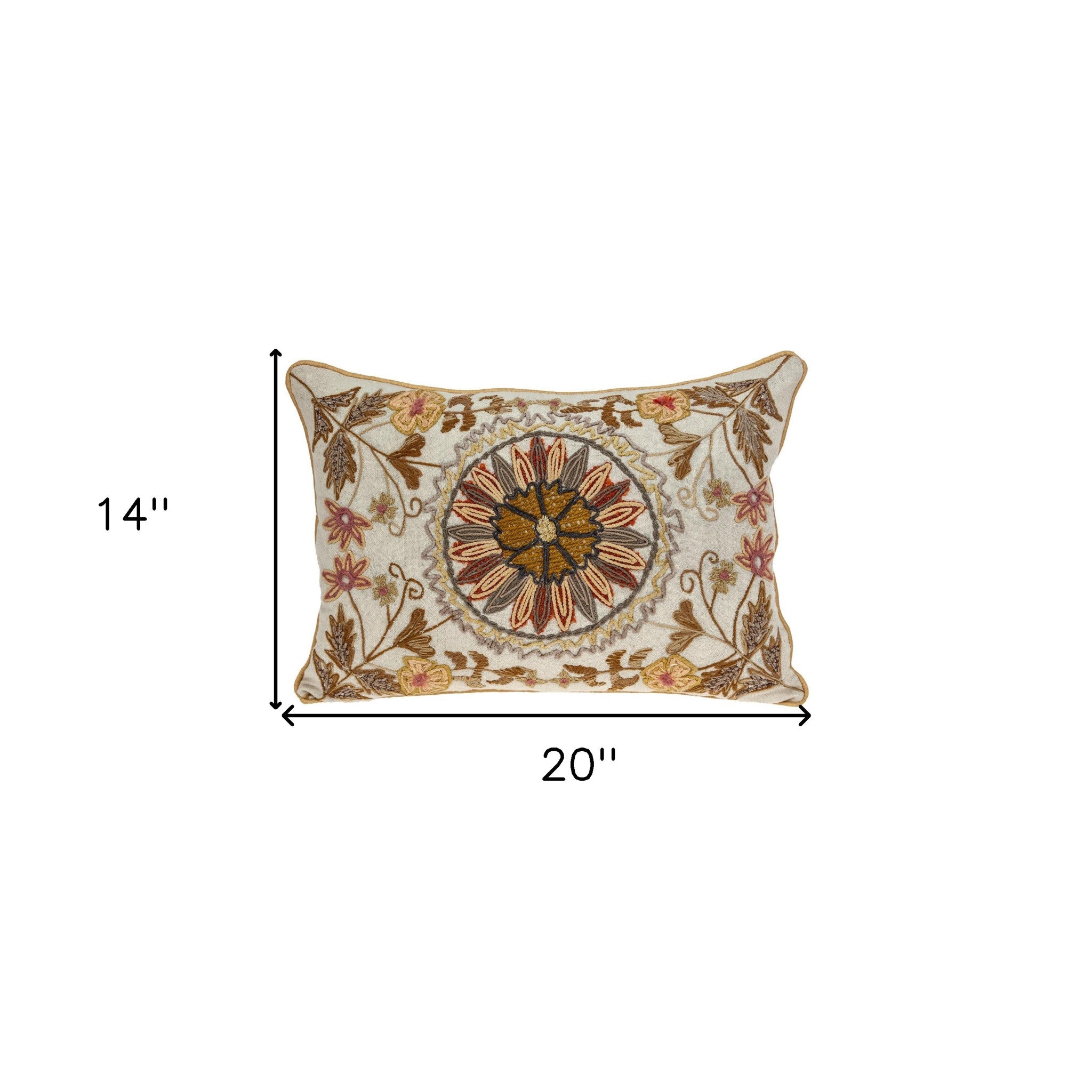 14" X 20" Beige Zippered 100% Cotton Throw Pillow With Embroidery
