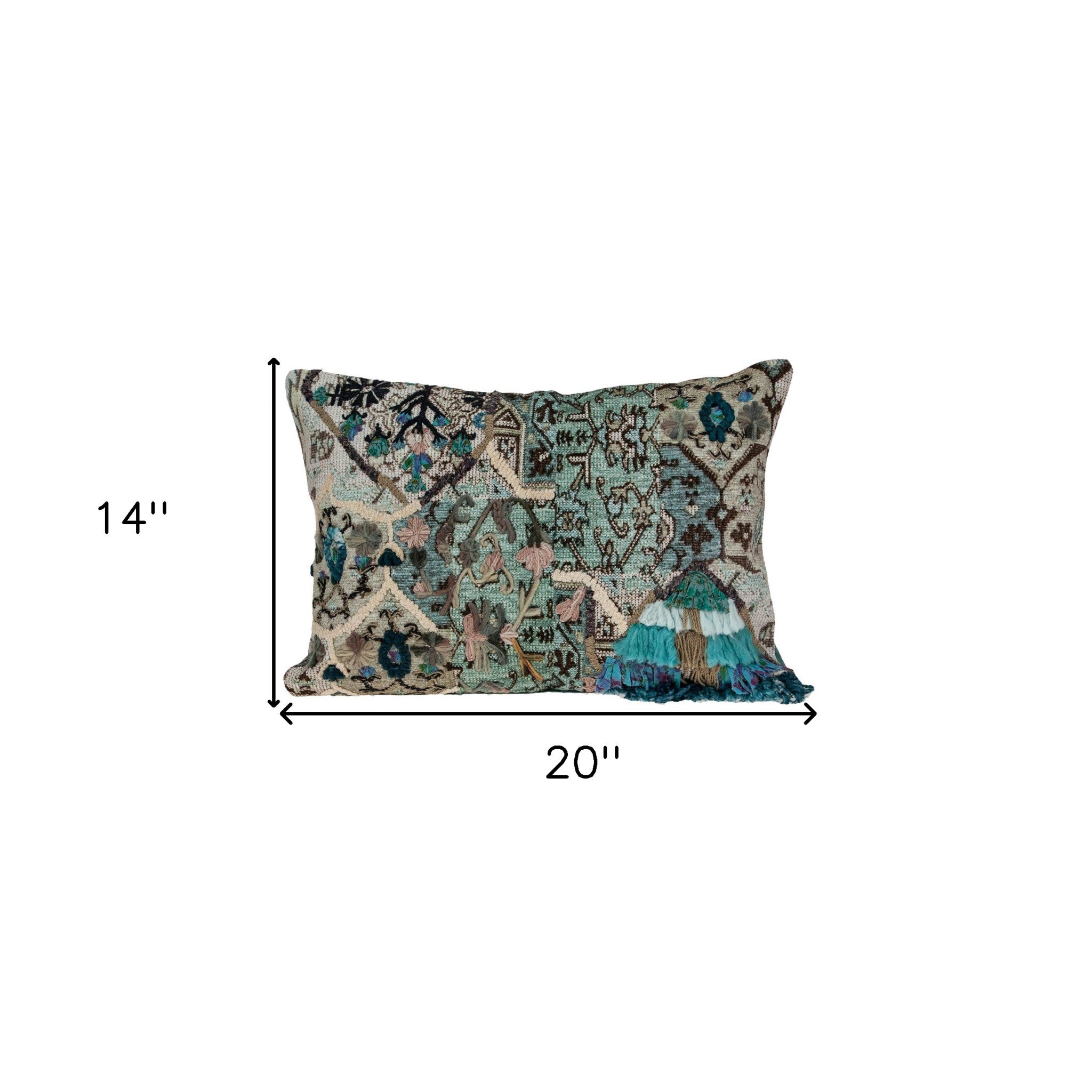 14 英寸 X 20 英寸米色和綠色拉鍊 100% 棉流蘇抱枕