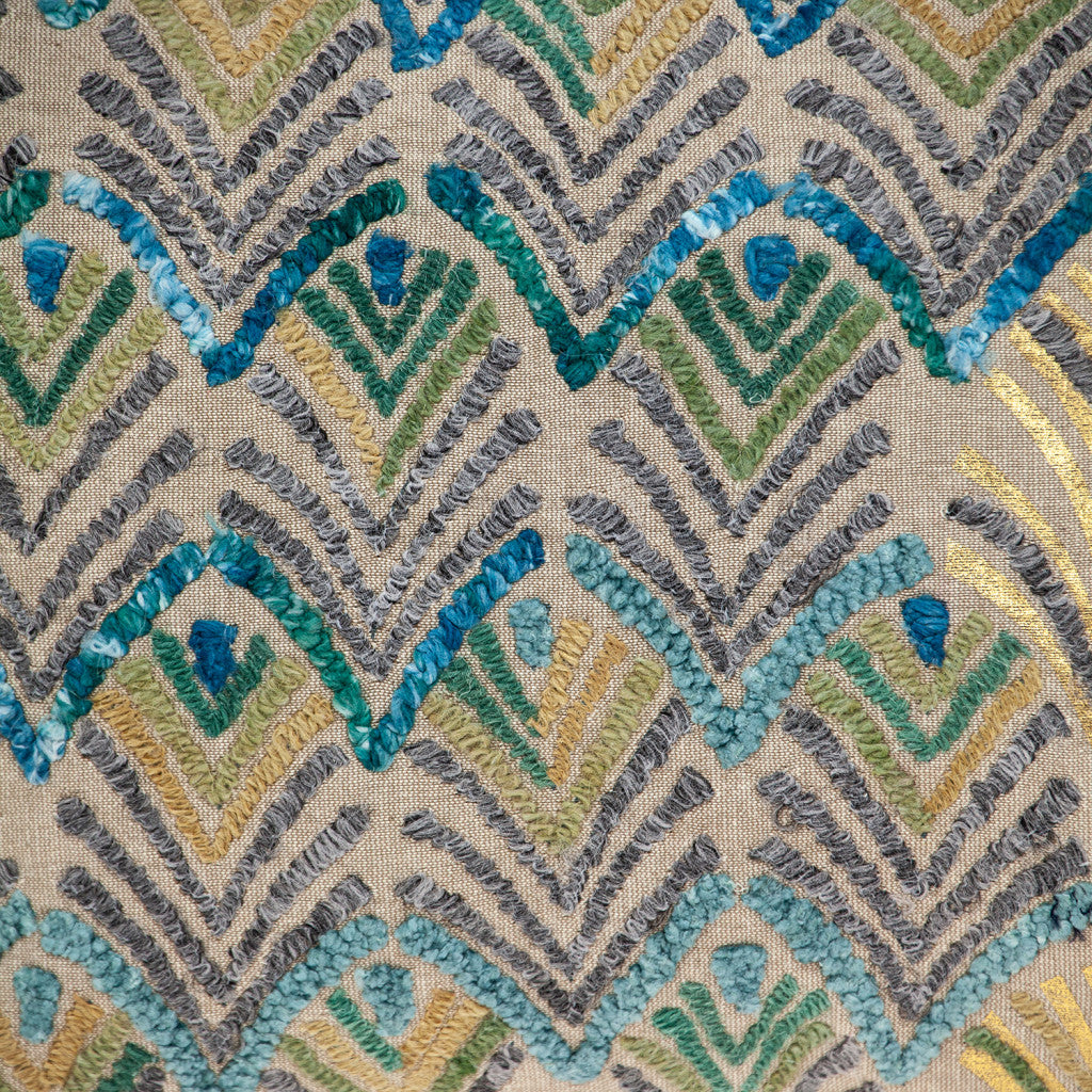 14" X 20" Beige And Green Zippered 100% Cotton Throw Pillow With Embroidery