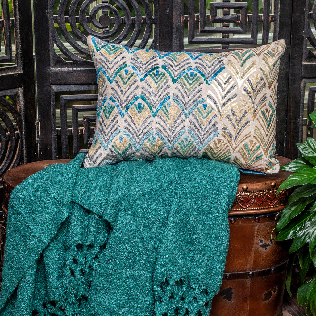 14" X 20" Beige And Green Zippered 100% Cotton Throw Pillow With Embroidery