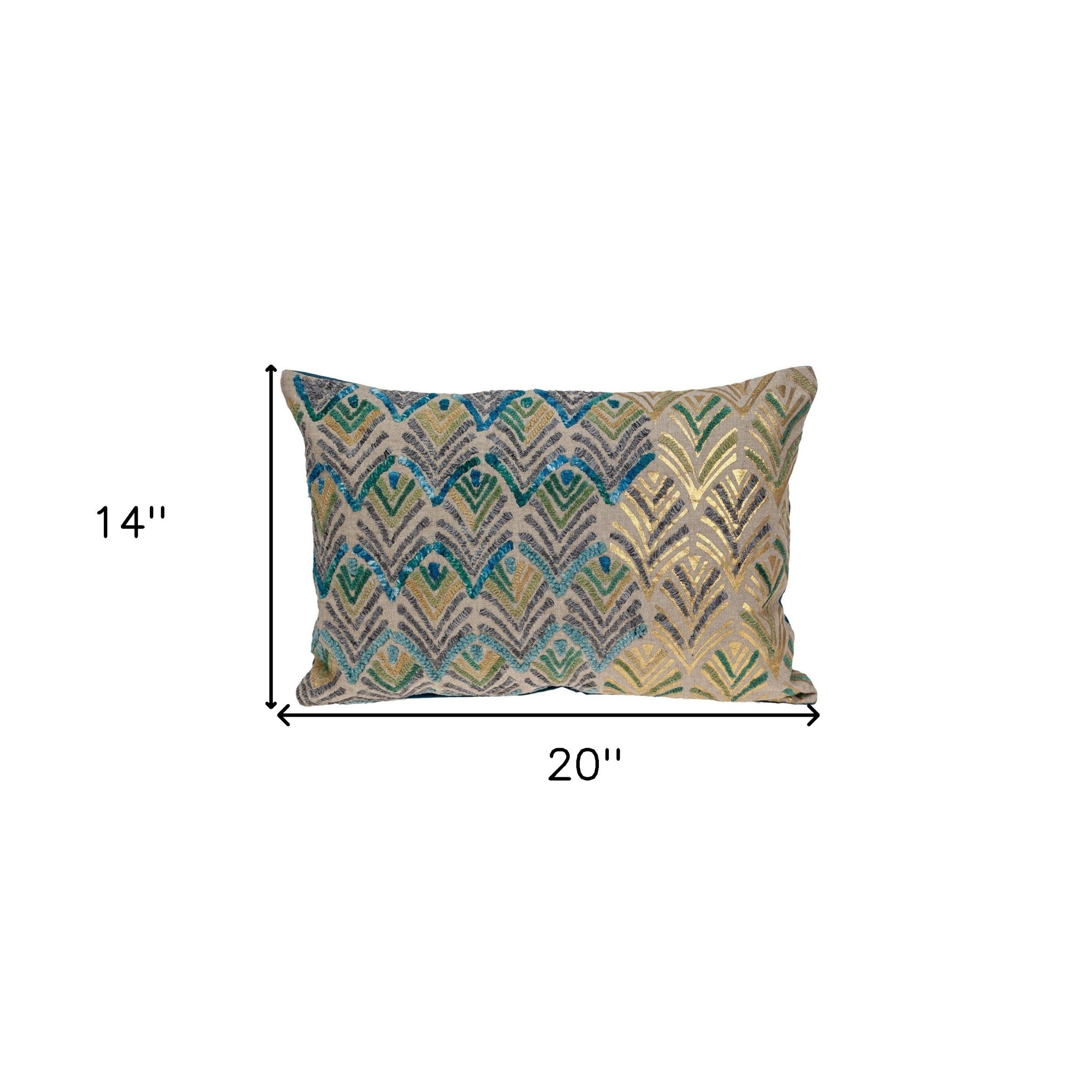 14" X 20" Beige And Green Zippered 100% Cotton Throw Pillow With Embroidery