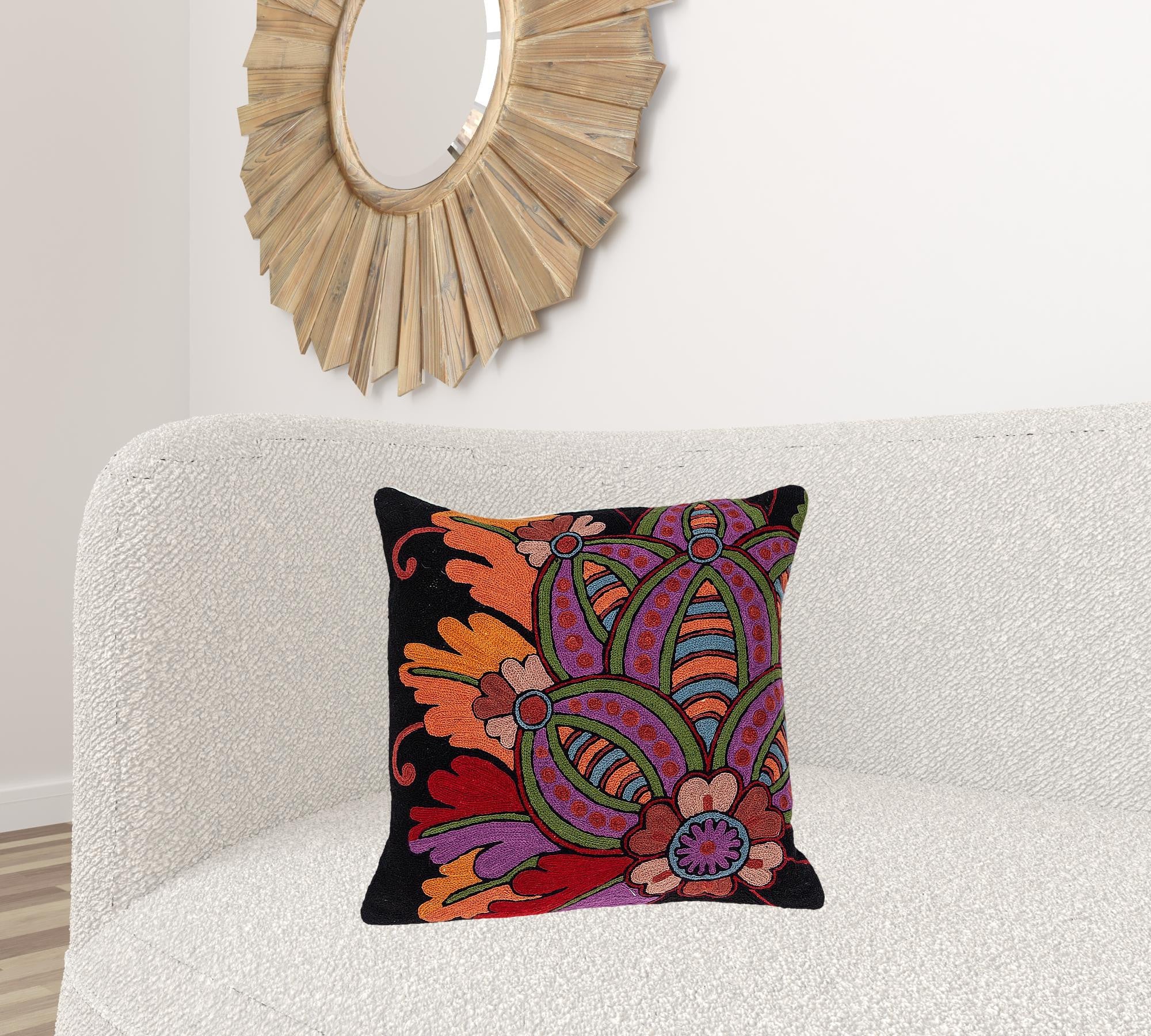 20" X 20" Black And Orange Zippered 100% Cotton Throw Pillow With Embroidery