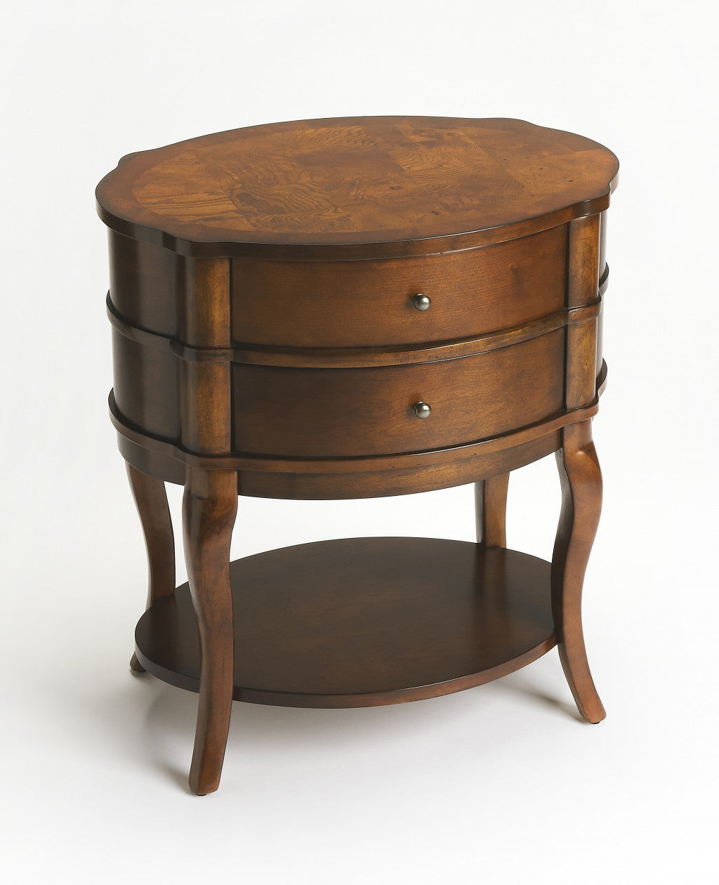 Medium Brown And Umber Solid And Wood Oval End Table With Two Drawers And Shelf 26"