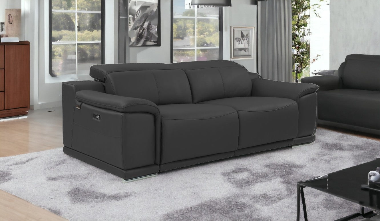 86" Dark Gray Genuine Leather Reclining Sofa