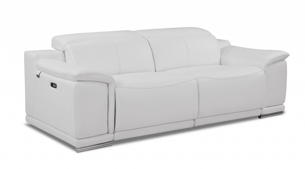White Genuine Leather Reclining Sofa 86"