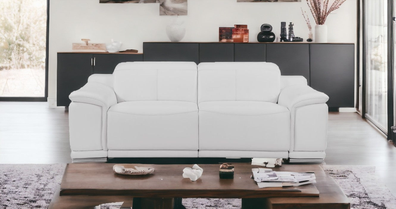 White Genuine Leather Reclining Sofa 86"