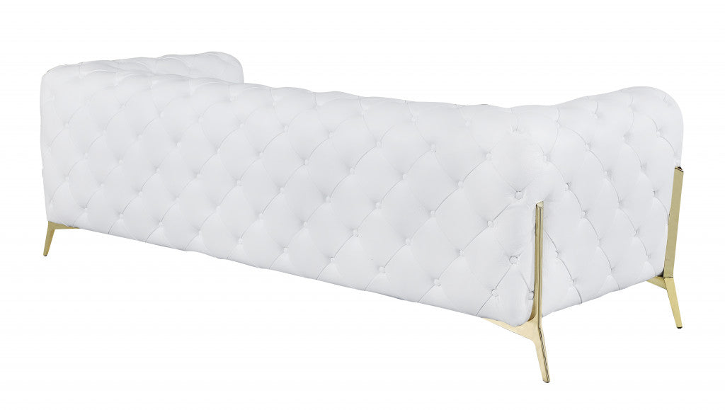 93" White and Gold Genuine Tufted Leather Standard Sofa