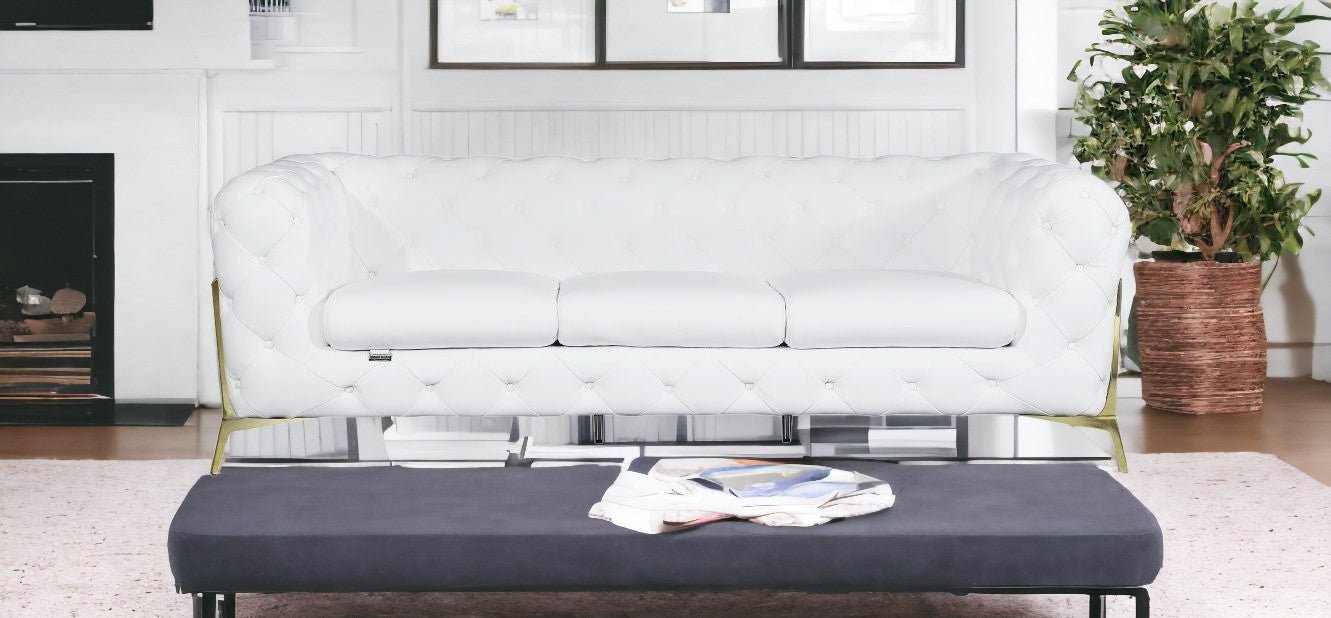 93" White and Gold Genuine Tufted Leather Standard Sofa