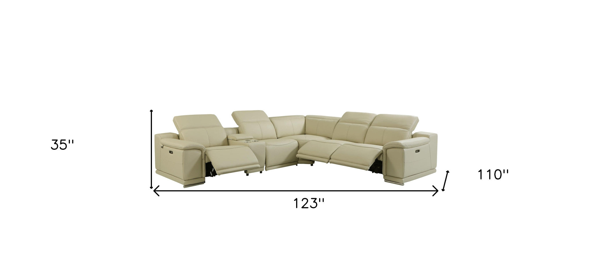 Beige Italian Leather Power Recline L Shape Six Piece Corner Sectional With Console