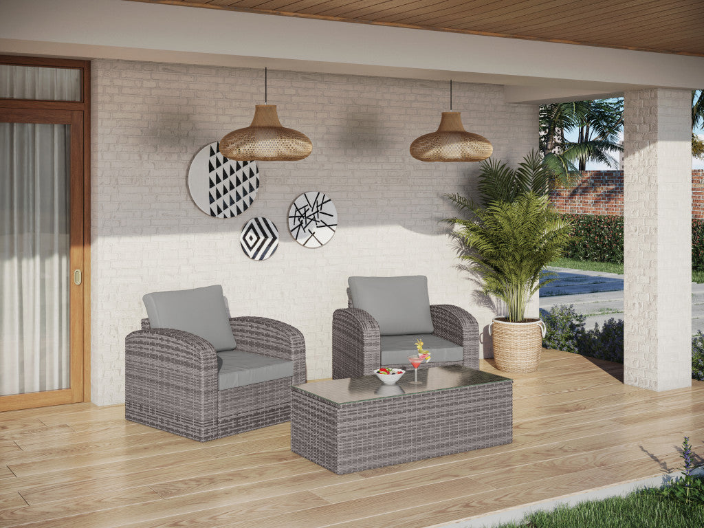 Three Piece Gray RA Faux Rattan and Slate Gray Outdoor Seating Set with Table