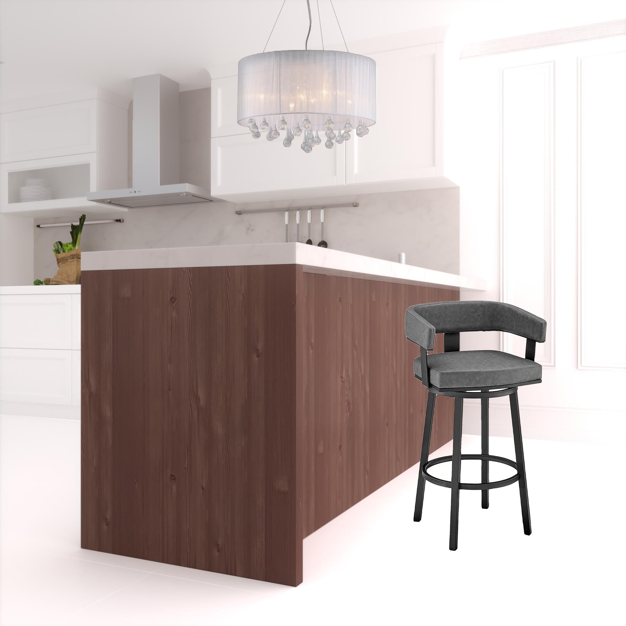 34" Gray Faux Leather And Iron Swivel Low Back Counter Height Bar Chair