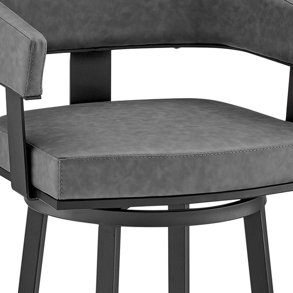 34" Gray Faux Leather And Iron Swivel Low Back Counter Height Bar Chair