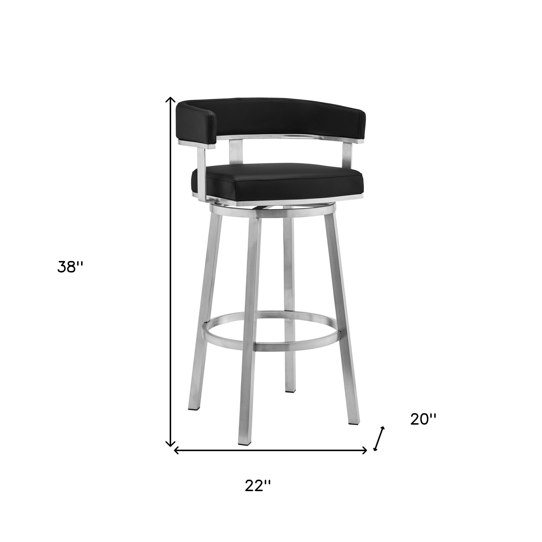 38" Black And Silver Faux Leather Swivel Low Back Bar Height Chair With Footrest