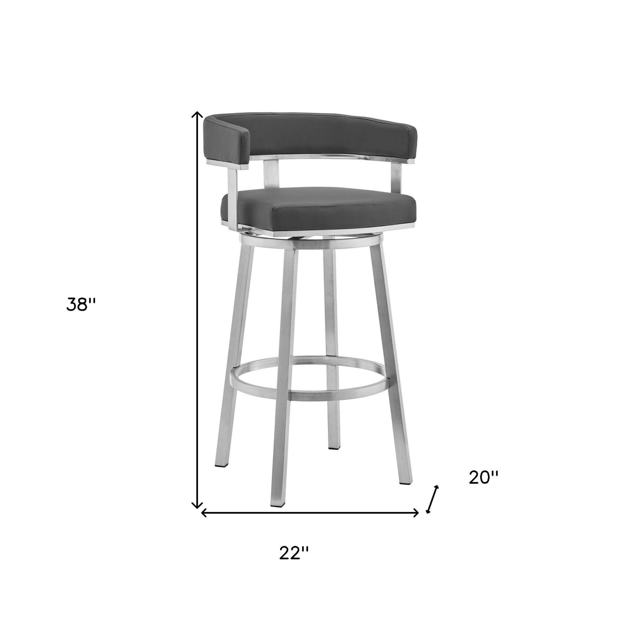 38" Gray Brushed Stainless Steel Bar Height Swivel Low Back Bar Chair