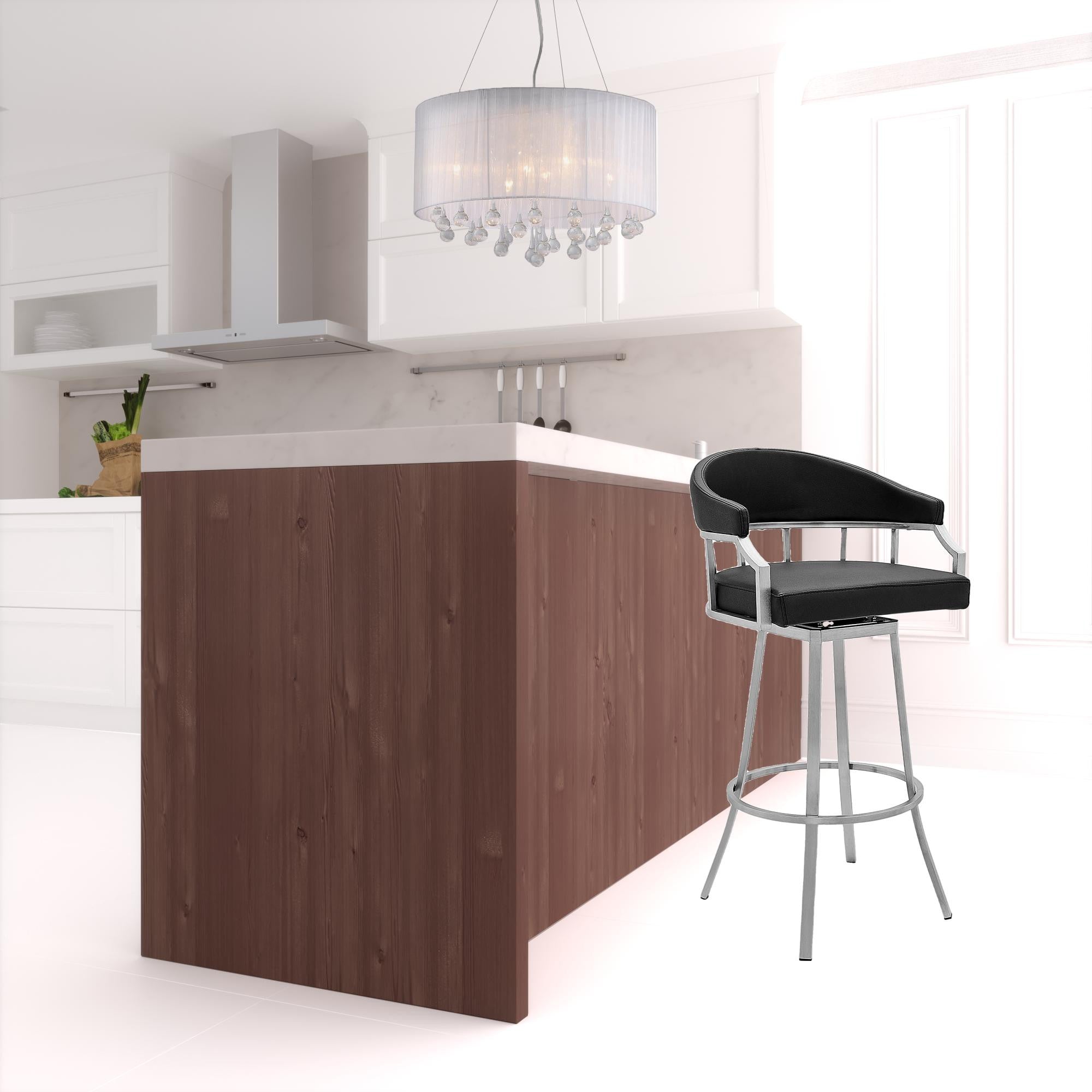 40" Black Faux Leather And Iron Swivel Low Back Bar Height Chair