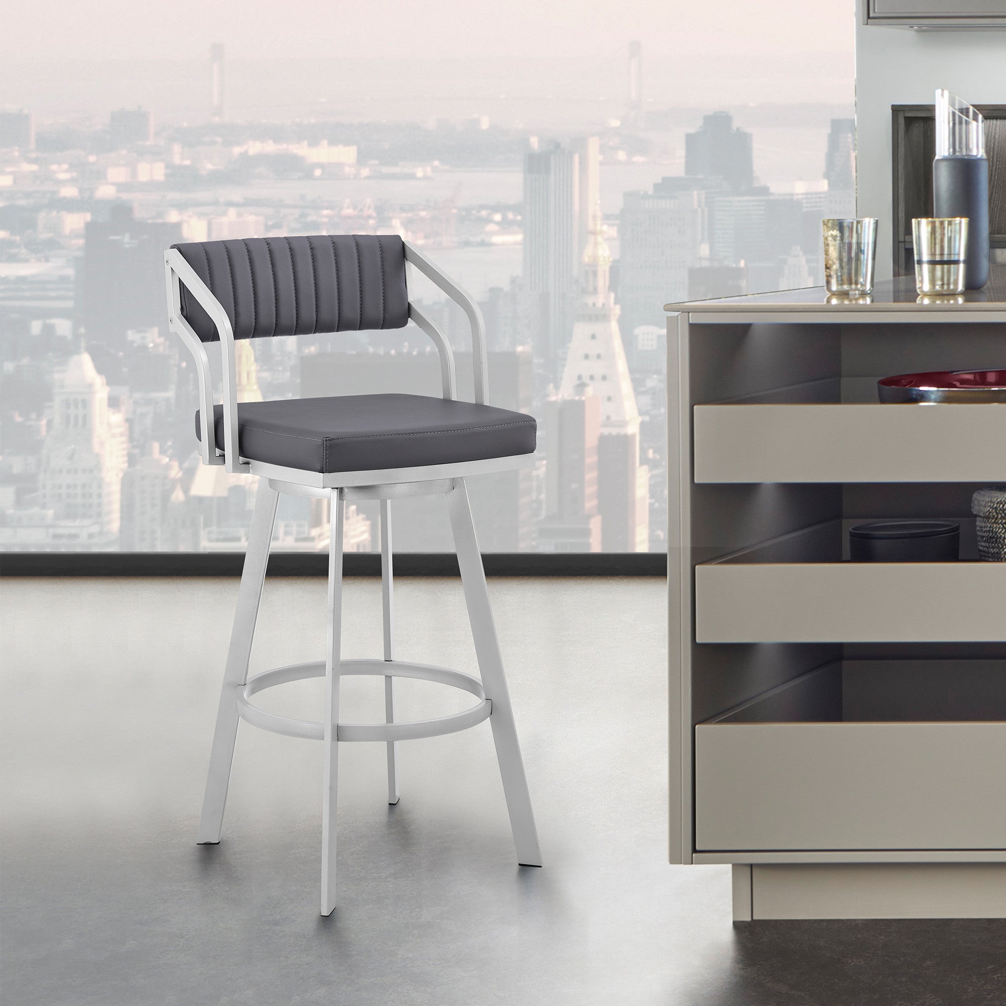 30" Timeless Slate Grey Faux Leather Silver Finish Swivel Bar Stool