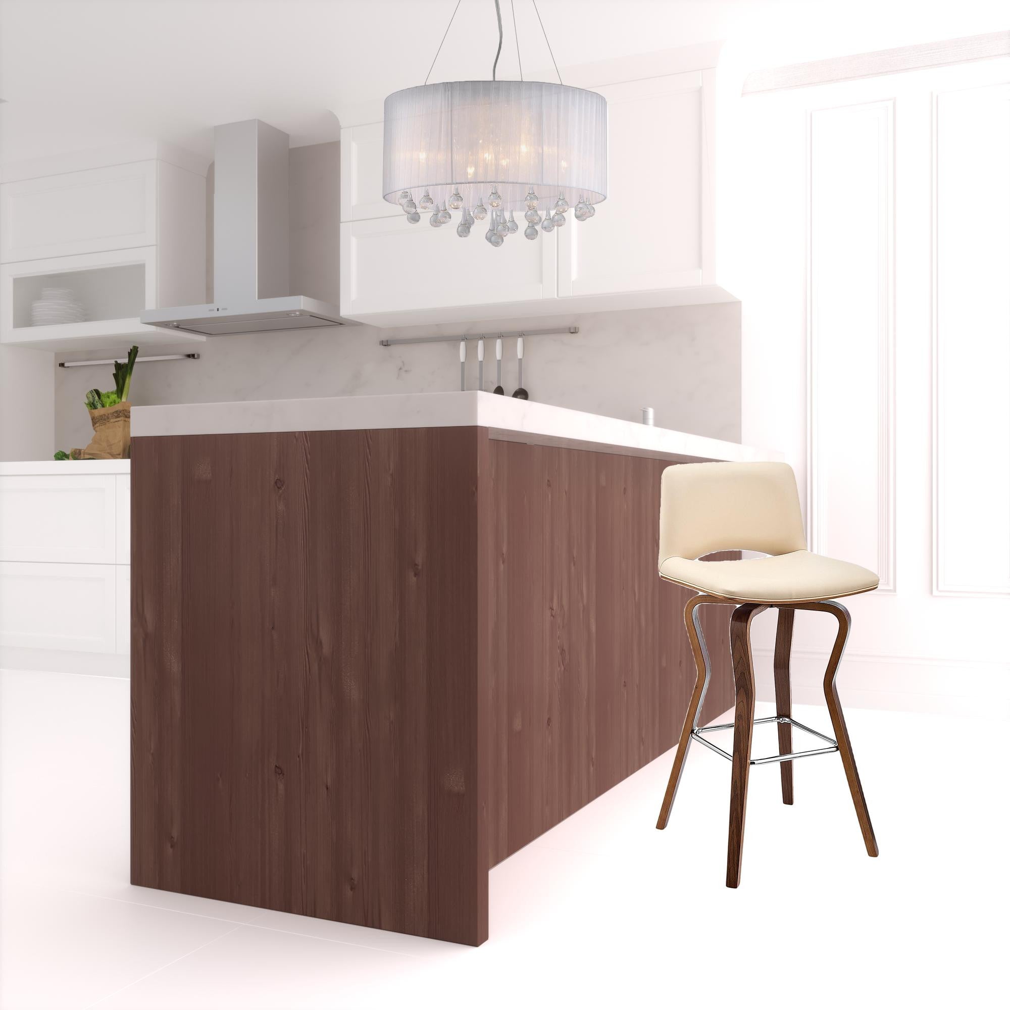 Cream Faux Leather And Wood Swivel Low Back Counter Height Bar Chair 36"