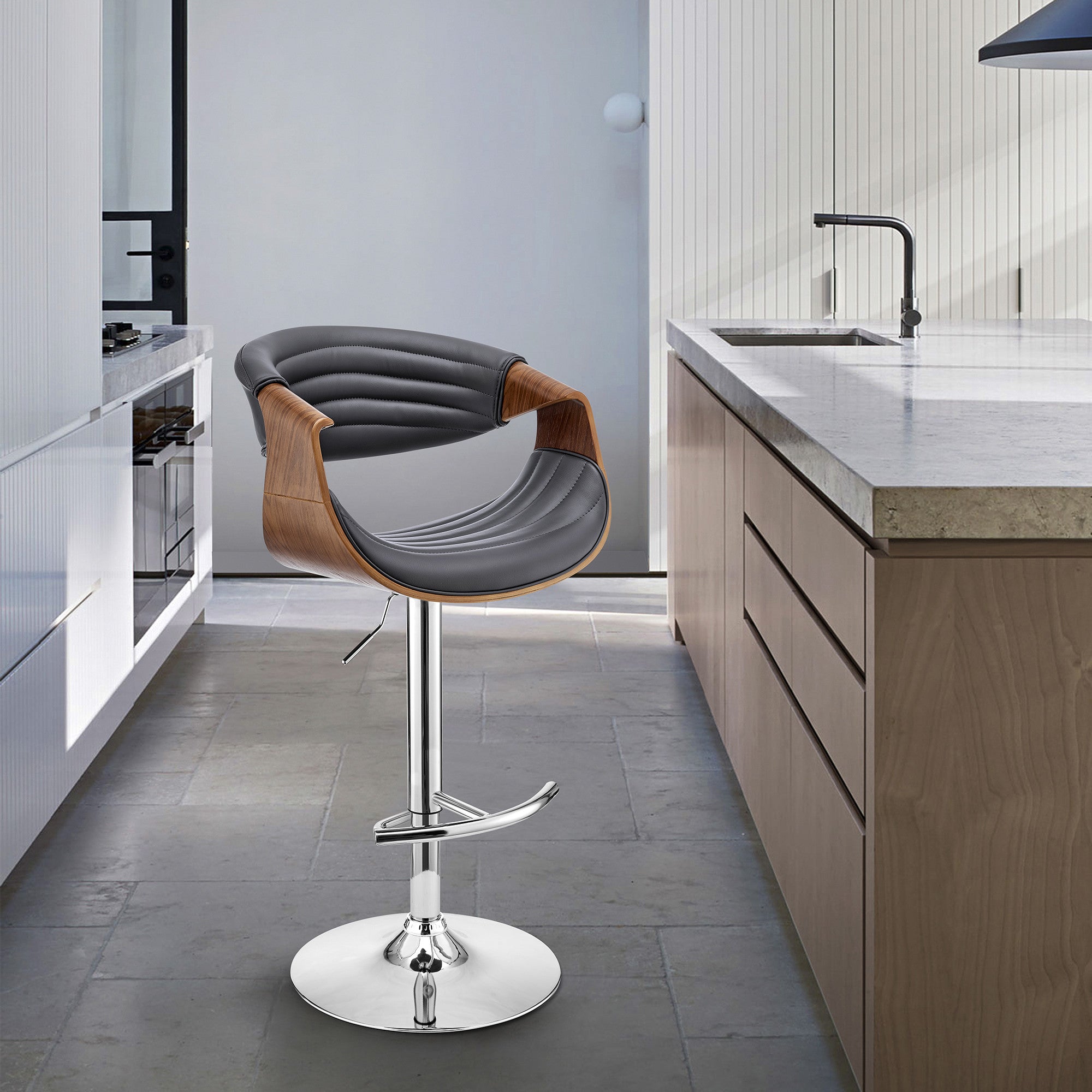 45" Gray Faux Leather And Iron Swivel Low Back Adjustable Height Bar Chair