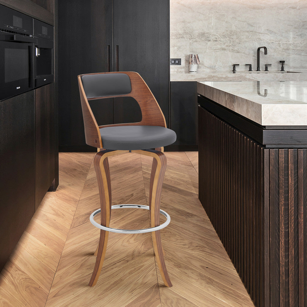 39" Gray And Brown Faux Leather Swivel Bar Height Chair With Footrest